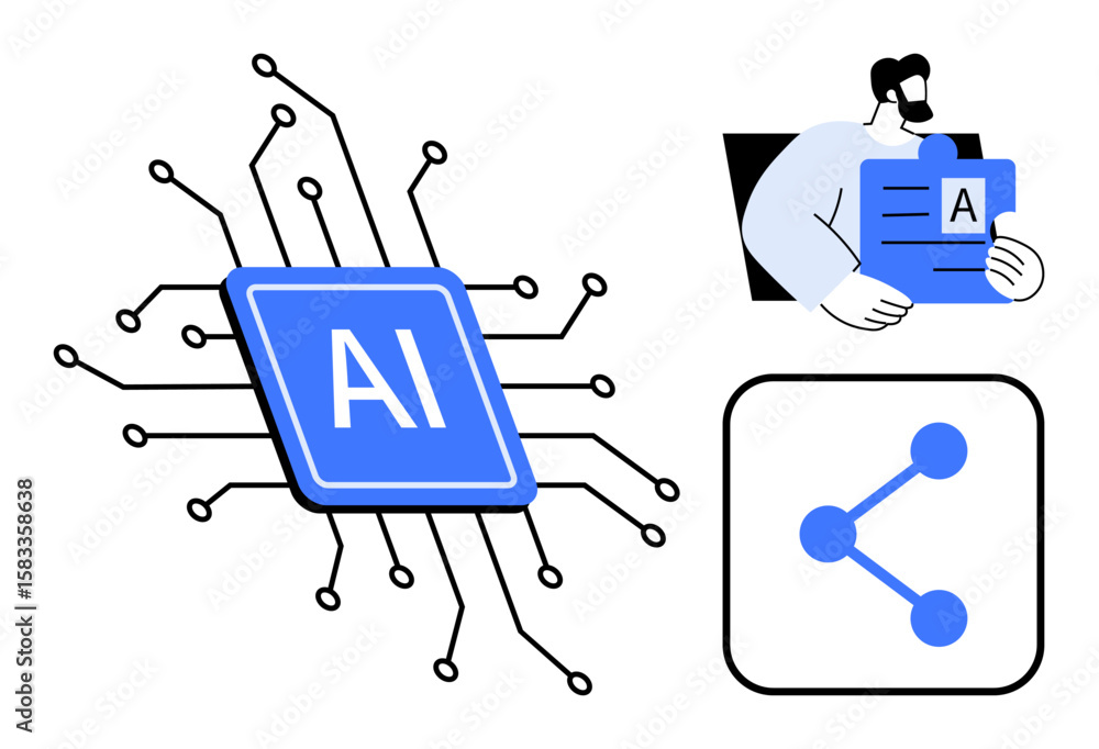 Poster ai chip with circuit tracks, user holding a document, and a data-sharing connection icon. ideal for 