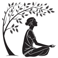 Vector art of a woman is meditating under a tree isolated on white background