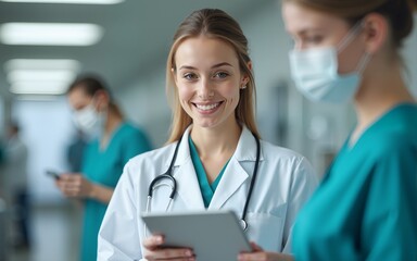 Happy woman or doctor face in busy hospital with tablet for healthcare services, leadership and career mindset. Portrait of medical professional or female on telehealth app for clinic job management