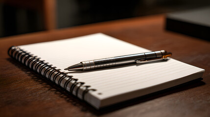 Notebook and pen resting on wooden table, ready for writing