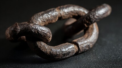 Obraz premium Broken iron chain links on a dark surface, symbolizing liberation and breaking free from constraints.