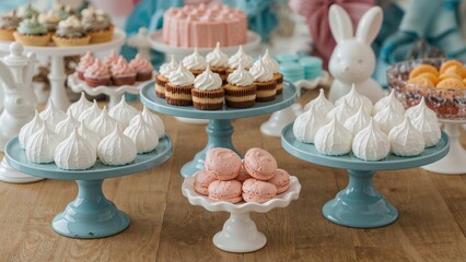 Variety of pastries and confections arranged on ceramic and glass holders with room for your message