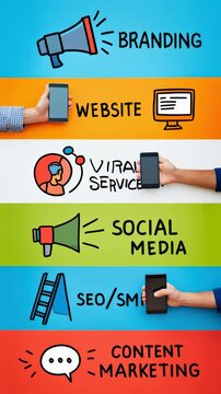 Animated digital marketing icons and smartphones in colorful vertical layout with moving hands and drawing effects. Concept of branding, SEO, viral growth, and social media promotion strategies.