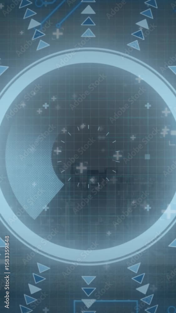 Poster circular patterns and arrows in blue tones creating futuristic digital animation