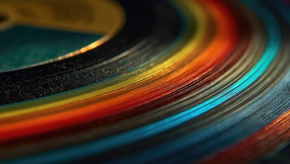 Close-up of colorful, layered, concentric rings, reminiscent of vinyl records