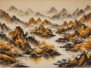Abstract ink landscape art painting. Ink landscape painting golden mountains background