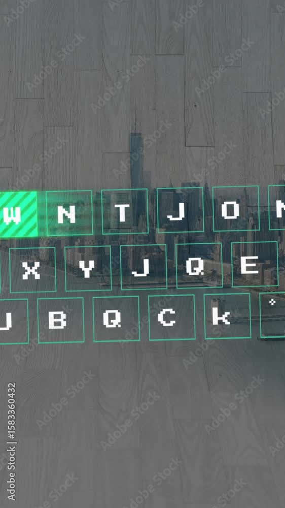 Poster animation of digital keyboard overlay with letters and symbols over cityscape