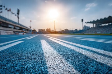 Empty running track at stadium sunset.  Focus on lanes