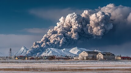 Volcanic eruption over a snowy village.