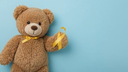 Teddy bear in brown holding a yellow awareness ribbon on blue background, depicting cancer struggle and suicide prevention initiatives.