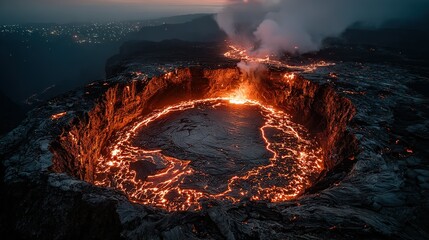 A spectacular view of molten lava flows within a volcanic caldera at night.