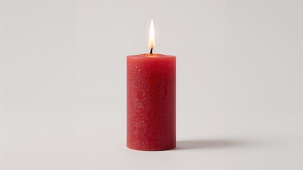 Red cylindrical candle with flame on a white background, emphasizing its wax texture and warm glow.