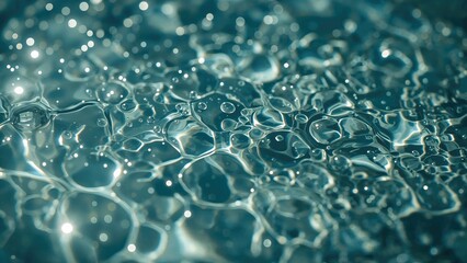 Smooth water with rain-induced bubbles captured closely, leaving room for copy