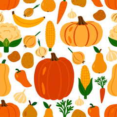 Vector vegetable repeat design for eco food and healthy lifestyle. Seamless vector vegetable pattern for kitchen decor, textile and packaging.