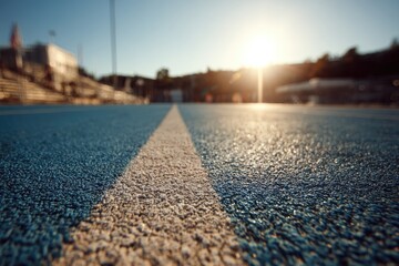 Close-up view of a running track, sunlit, with a stadium in the background