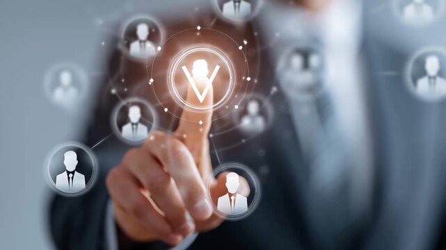 Businessman interacting with virtual interface of candidate profiles, tapping a glowing checkmark icon, futuristic recruitment concept, isolated on clean white background