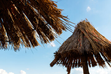 thatched roof and blue sky on the sea beach