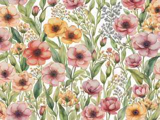 Watercolor botanical illustration of flowers and stems background