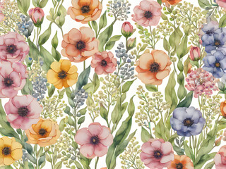 Watercolor botanical illustration of flowers and stems background