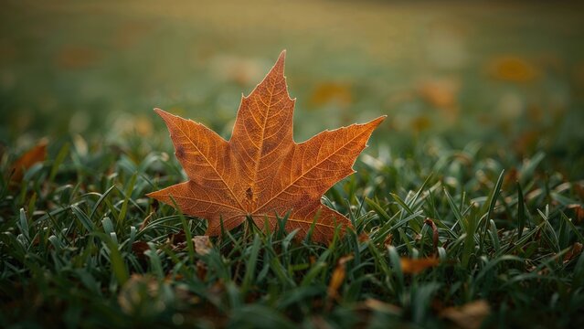 Fall season imagery featuring a brown maple leaf on green grass - Powered by Adobe