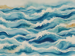 Abstract a watercolor painting of blue waves an ocean or sea motif background