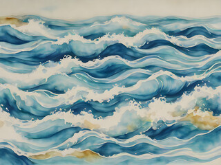 Abstract a watercolor painting of blue waves an ocean or sea motif background