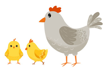 a cute mother hen cartoon with a small yellow chick.