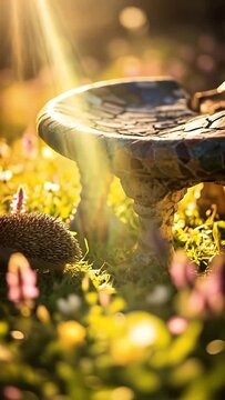 Hedgehog in Spring Garden Under Mosaic Birdbath at Golden Hour