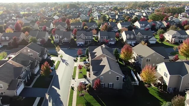 High Angle View of a Vibrant Autumn Neighborhood with Symmetrical Rows of Houses and Trees Displaying Warm Fall Colors on a Sunny Day
