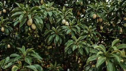In the garden, cashew nuts develop and ripen on their trees