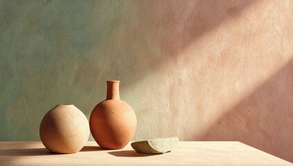 Terracotta vases and a slice of pale green fruit on a light-colored surface against a muted backdrop