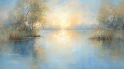 Fototapeta premium Serene Lakeside Sunset Painting: Tranquil Water Reflections and Golden Light