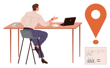 Person seated at desk with laptop, charts, notes, and large location marker. Ideal for productivity, analysis, business, strategy leadership remote work career focus. A simple flat metaphor