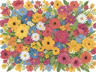 Bouquet with colorful flowers in a flat style illustration.