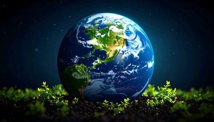 Fototapeta premium Earth globe resting on soil, surrounded by greenery, dark background