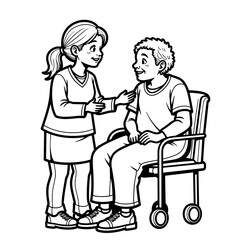 Elderly patient with caregiver smiling and talking – healthcare support, medical assistance