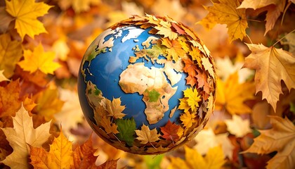 Earth globe surrounded by autumn leaves (1)