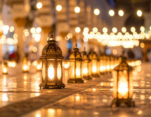 Fototapeta premium Ramadan Lanterns Glow: Festive Illumination on Marble Floor