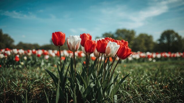 Close-up of red and white tulips in a lush green field with blurred background of more tulips under a clear blue sky. - Powered by Adobe