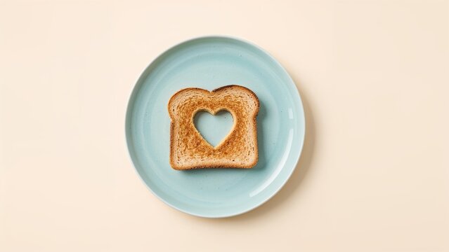 Blue plate holding a square piece of toast featuring a heart-shaped opening, with a gentle focus effect.
