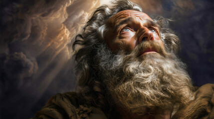 Moses gazing toward the heavens, witnessing the glory of God Moses present at a divine revelation.