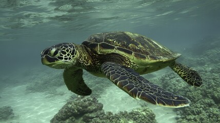 Obraz premium Green sea turtle swimming peacefully in clear ocean waters near a coral reef.