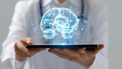 Doctor holding tablet displaying holographic human anatomy and brain interface, futuristic health data visualization, isolated on pure white background, AI medical technology concept - Powered by Adobe