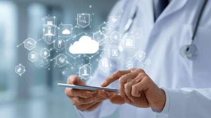 Doctor in lab coat using smartphone with floating cloud icons and medical technology symbols, digital interface overlay, isolated on white background, concept of telemedicine and AI healthcare - Powered by Adobe