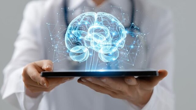 Doctor holding tablet displaying holographic human anatomy and brain interface, futuristic health data visualization, isolated on pure white background, AI medical technology concept