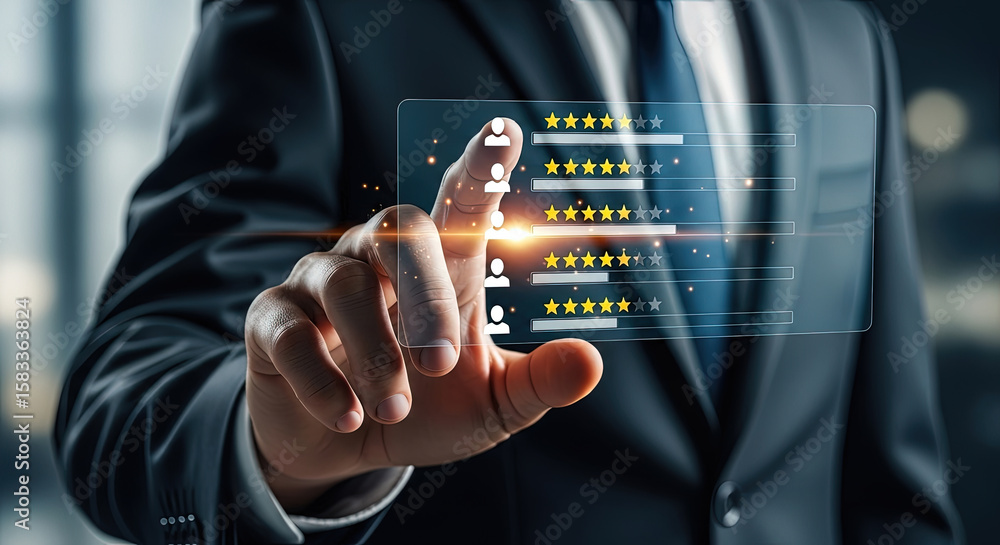 Poster customer feedback analysis: businessman interacting with digital star rating interface for performan