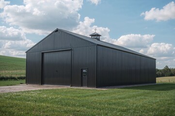 Modern metal storage building under scenic sky in farmland environment

