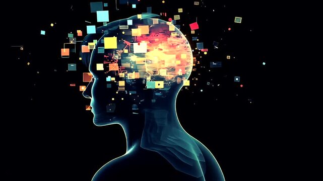 Silhouette of a person's head with digital elements exploding from their mind.