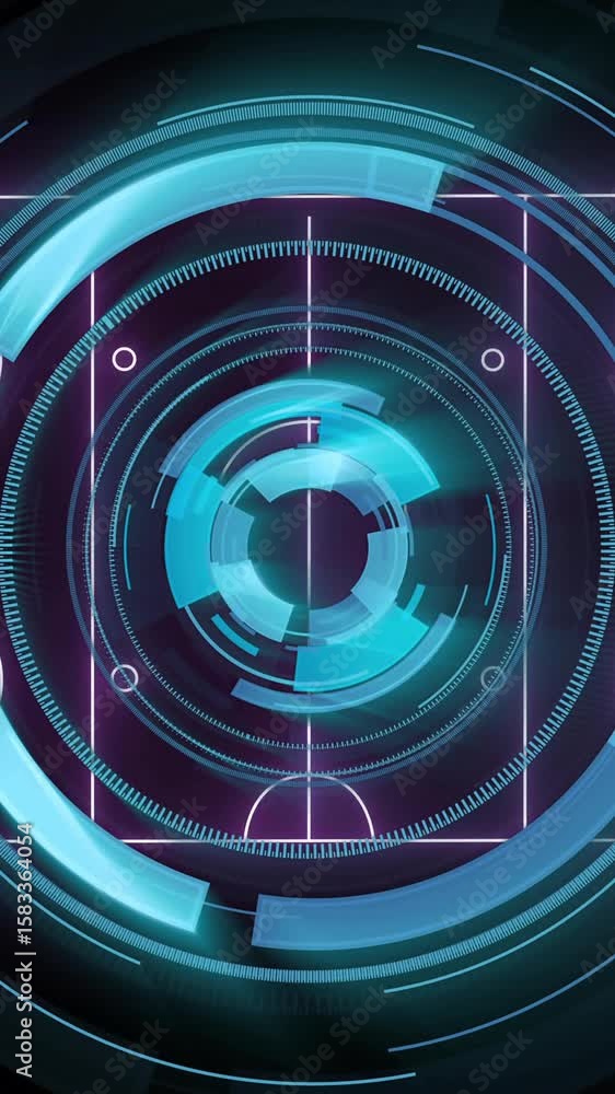 Poster glowing circular patterns and geometric shapes in digital animation interface