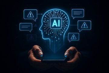 Hands holding smartphone with artificial intelligence head and warning speech bubble alerts showing ai chatbot response and security risk management system